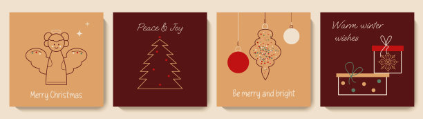 一套可爱的圣诞贺卡与天使，礼物，圣诞树，饰品图片下载