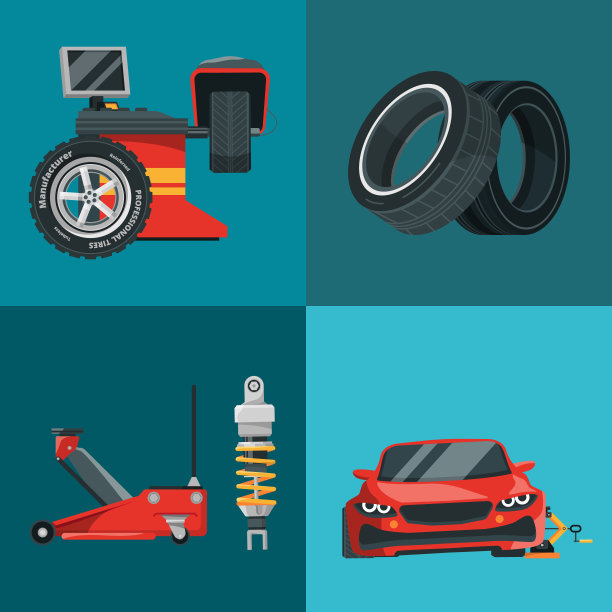 汽车服务。千斤顶轮胎平衡车修理工具。向量概念插图图片下载
