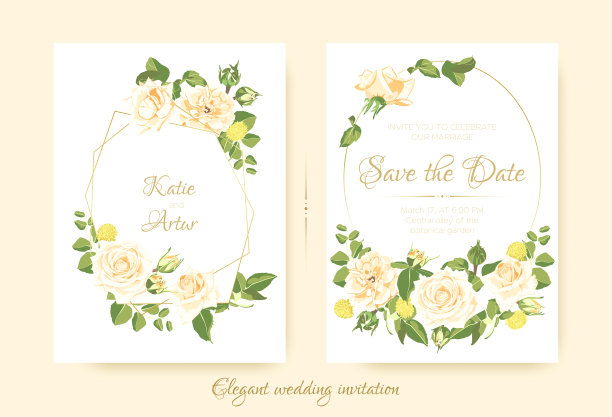 优雅的复古婚礼卡片与玫瑰。图片下载