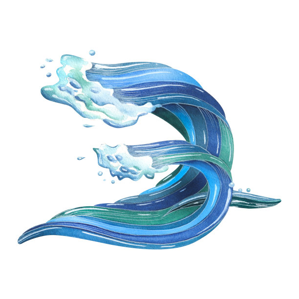一波一波的水，海，有泡沫的海洋。卡通风格的抽象。水彩插图。冲浪集合中的白色背景上的隔离对象。用于装饰设计、构图图片下载