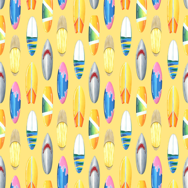 不同的，明亮的冲浪板，五颜六色的。水彩插图。从冲浪系列的橙色背景无缝模式。适合夏季、海滩、海边的装饰设计图片下载