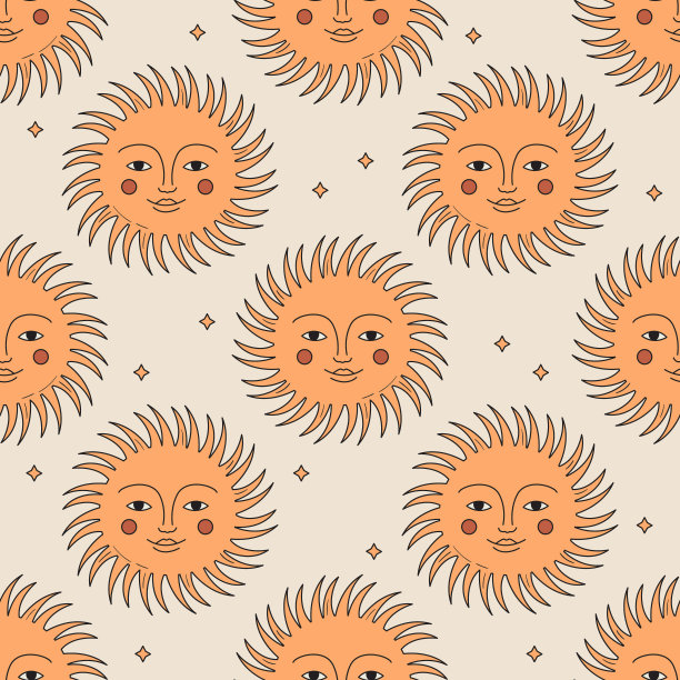 无缝矢量图案与抽象波西米亚太阳与脸图片下载