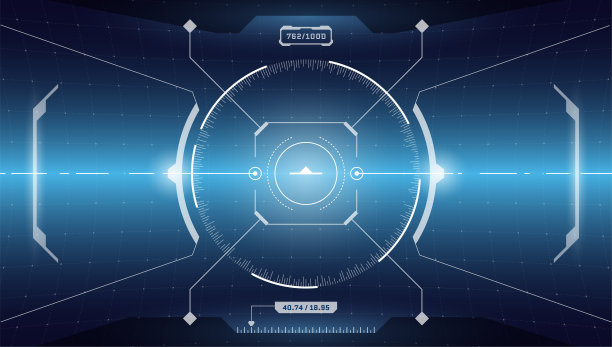VR HUD数字未来界面赛博朋克屏幕。科幻虚拟技术抬头显示圆目标。GUI界面飞船座舱仪表盘面板。优质黄麻取景器遮阳板。向量每股收益图片下载