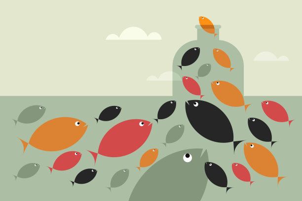 一群鱼进入一个浸在水里的瓶子的概念插画图片下载