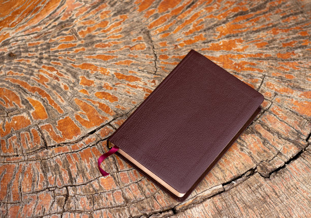 封闭的圣经书与棕色封面上的木制橙色背景图片下载