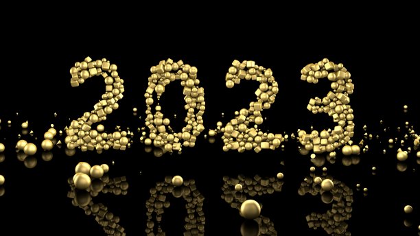 3D渲染，2023年新年与金色几何形状在黑色背景。圣诞节的背景。图片下载