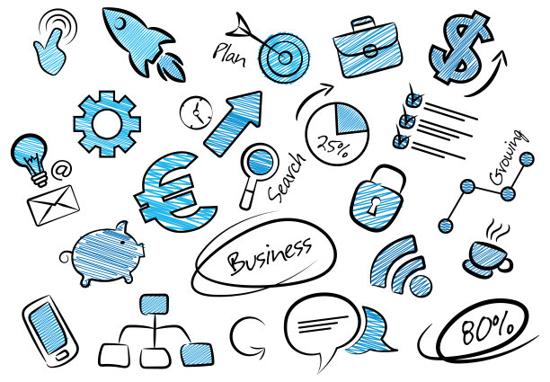 以有趣的涂鸦风格收集商业图标。图片下载