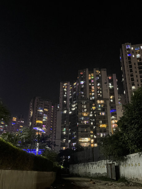 印度德里的高层公寓公寓楼的图片，为印度传统节日排灯节装饰着彩色的仙女灯图片下载