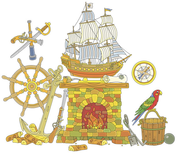 一个老壁炉的海狗和一个帆船模型图片下载