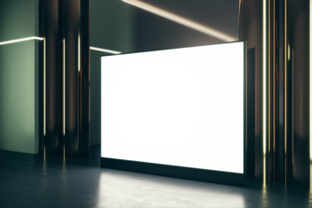 透视视图空白白色照明屏幕与您的标志或文字之间的黄金柱子在黑暗的空房间与光泽的地板和绿色的墙。3D渲染，模拟图片下载