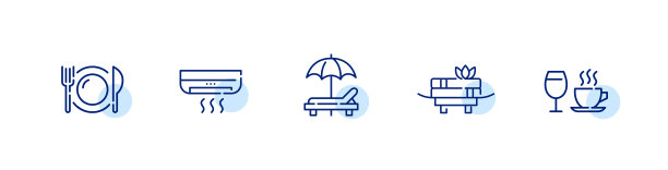 5招图标。餐厅、空调、沙滩伞、水疗中心、咖啡厅。像素完美，可编辑的笔画图片下载