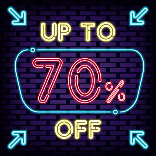 高达七折，出售霓虹灯标志矢量。霓虹灯脚本。晚上advensing。图片下载