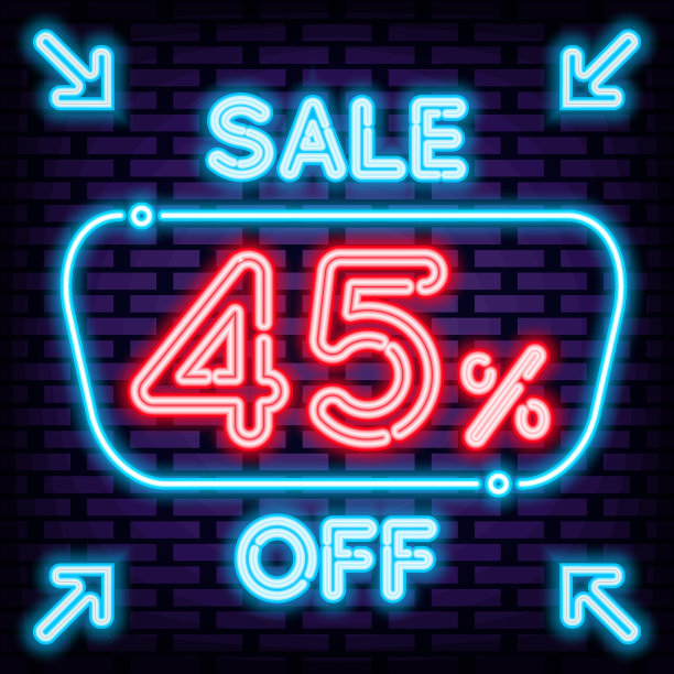 出售45%的霓虹灯标识矢量。明亮的招牌。光的旗帜。图片下载