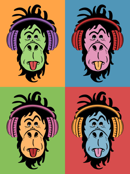 猴子与耳机流行艺术风格矢量插图图形打印图片下载