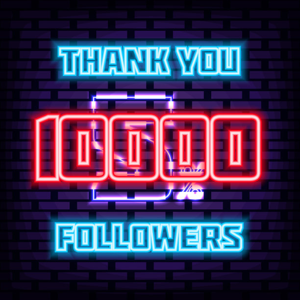 10000粉丝谢谢霓虹灯招牌。霓虹灯脚本。光的艺术。图片下载