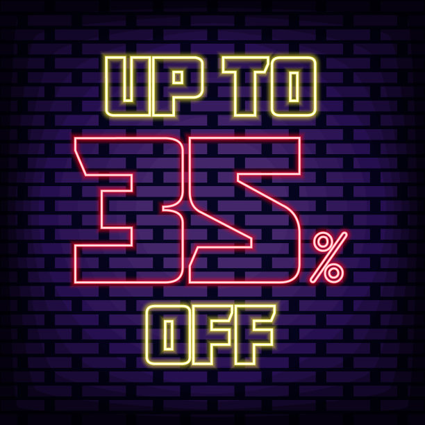 高达35%的折扣，出售霓虹灯标志矢量。闪烁着五颜六色的霓虹灯。晚上advensing。图片下载