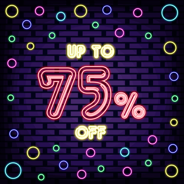高达75折，出售霓虹灯招牌。闪烁着五颜六色的霓虹灯。光的旗帜。图片下载