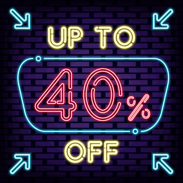 高达四折，出售徽章霓虹灯风格。砖墙背景。晚上advensing。图片下载