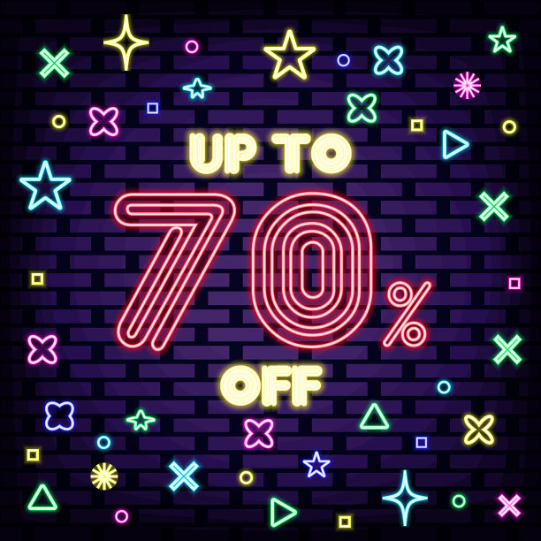 高达七折，出售霓虹灯招牌。明亮的招牌。光的艺术。图片下载