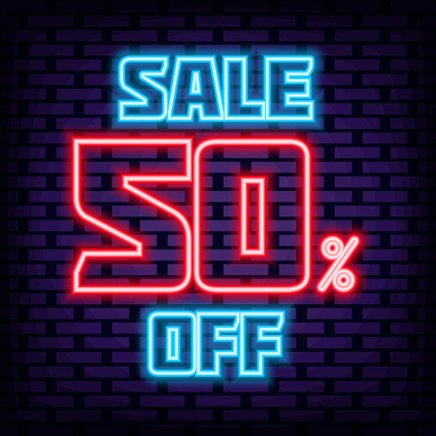 半价出售徽章霓虹风格。闪烁着五颜六色的霓虹灯。宣布霓虹招牌。图片下载