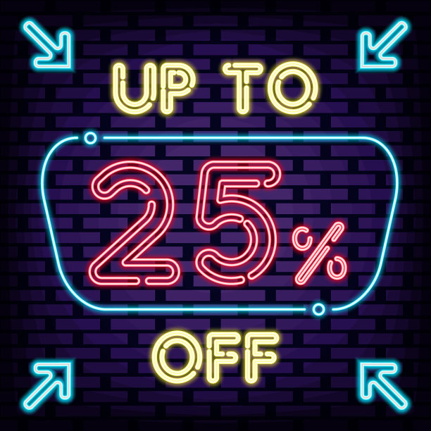 七五折以上，出售霓虹灯招牌。砖墙背景。晚上advensing。图片下载