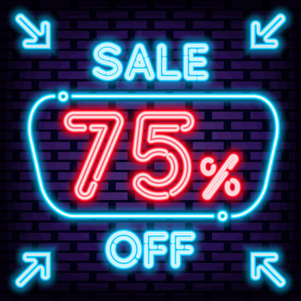出售75折徽章霓虹风格。闪烁着五颜六色的霓虹灯。光的旗帜。图片下载