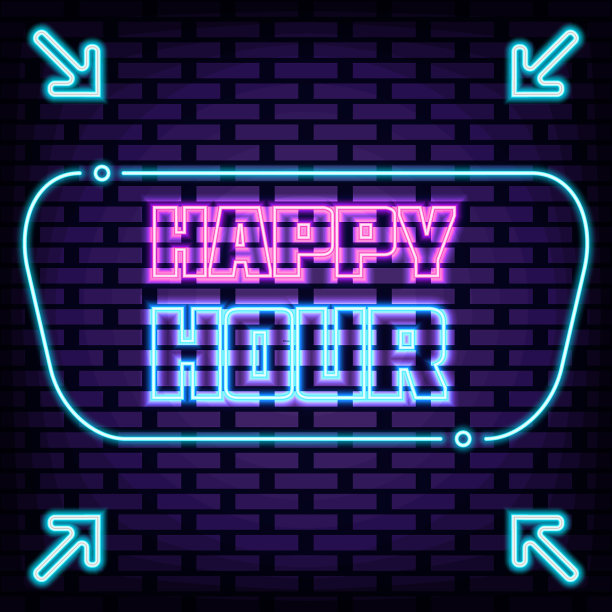 欢乐时光霓虹标志向量。霓虹灯脚本。夜晚明亮的广告。图片下载