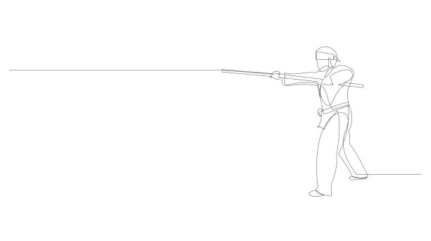 连续的线条画的年轻武术大师男子，功夫战士在和服与长杖训练。武术体育竞赛概念。动态单线样式矢量插图。图片下载