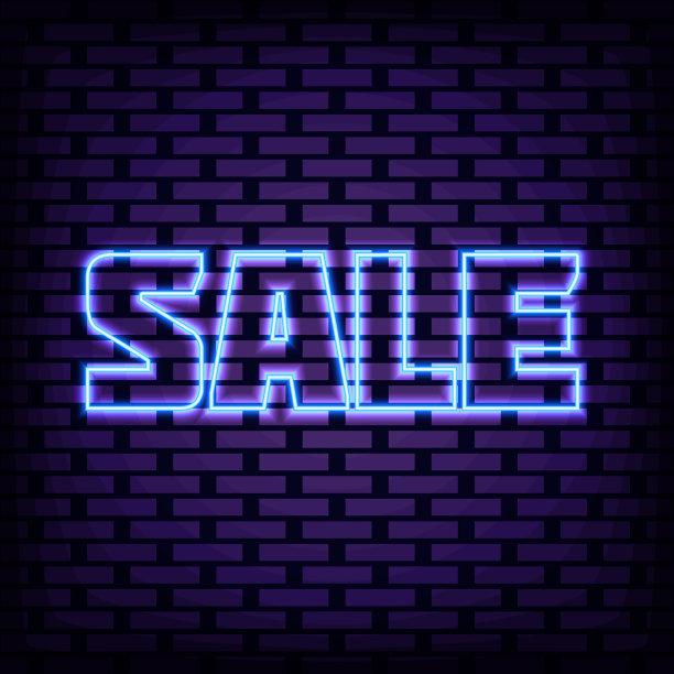 销售霓虹灯。明亮的招牌。光的旗帜。图片下载