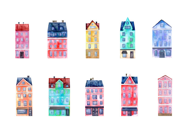 手绘水彩拼贴的房子，色彩鲜艳图片下载