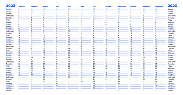 简单的线性日历2023年计划模板与垂直的月份网格和突出的星期日图片下载