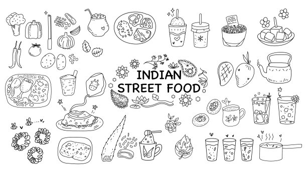 手绘涂鸦线艺术的印度街头食品图标集。可爱的黑白简约风格。图片下载