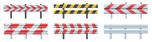 rails。高速公路路边护栏、条纹警示护栏和道路安全金属矢量护栏设置图片下载