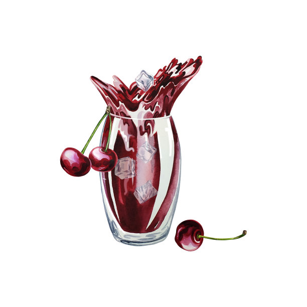 一杯樱桃汁，水果饮料。水彩插图。孤立。用于设计标签，包装和横幅。图片下载