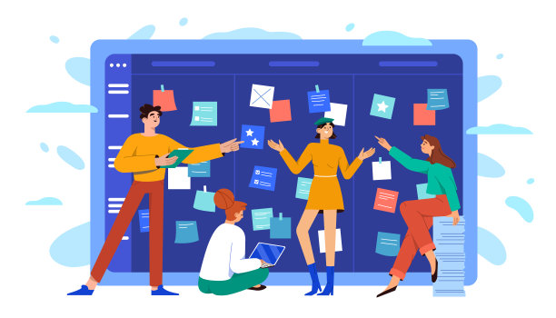 扁平业务团队在scrum板上使用便利贴图片下载