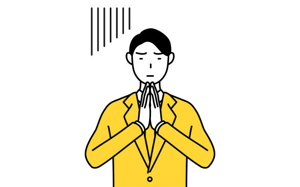 简单的线条插图，一个商人穿着西装，双手放在身体前面道歉。图片下载