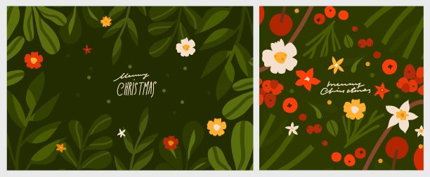 手绘矢量抽象图形圣诞快乐和新年快乐剪纸插图贺卡花和树叶。圣诞快乐可爱的碎花卡片设计背景。寒假的艺术。图片下载