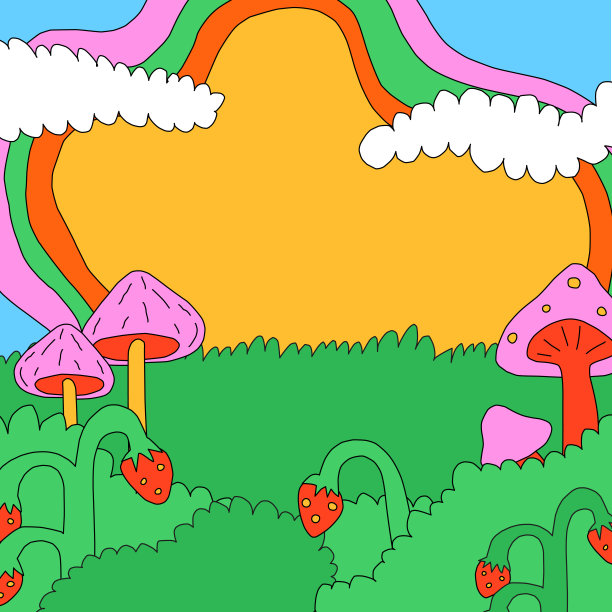 社交媒体的方形模板。可编辑的分层相框。1970年的迷幻和时髦的嬉皮士。幻想天真的背景有彩虹、天空、云朵。90年代的良好氛围。怀旧的出版物,00 saesthetics图片下载