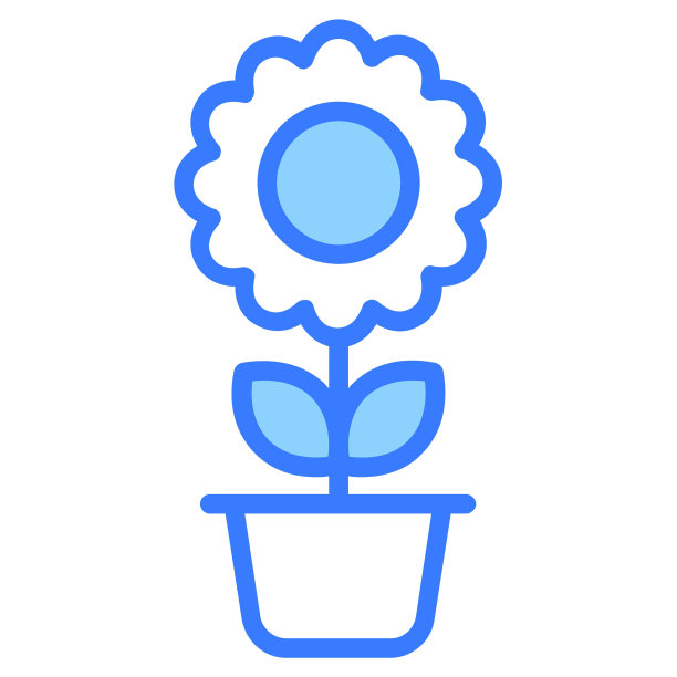 太阳花，开花，花盆蓝色轮廓简单图标。图片下载