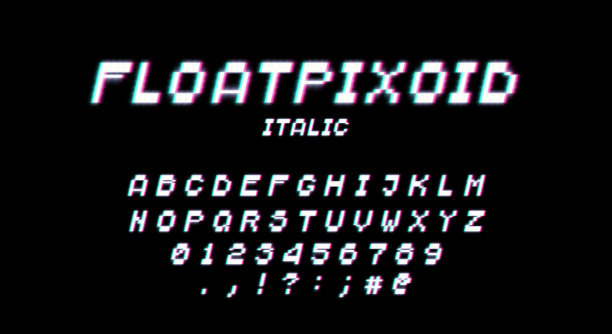 复古80年代风格的字体与霓虹辉光。像素视频游戏8位字体。一套复古风格的拉丁大写字母，数字和标点符号。图片下载