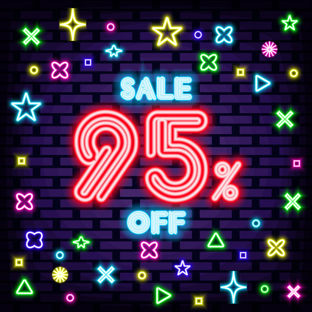 出售95%的霓虹灯标志矢量。闪烁着五颜六色的霓虹灯。晚上advensing。图片下载
