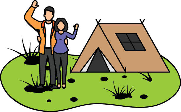 与朋友共度美好假期矢量彩色图标设计，户外周末活动符号，旅游度假场景标志，快乐的人在度假插画，可爱的夫妇享受夏令营概念图片下载