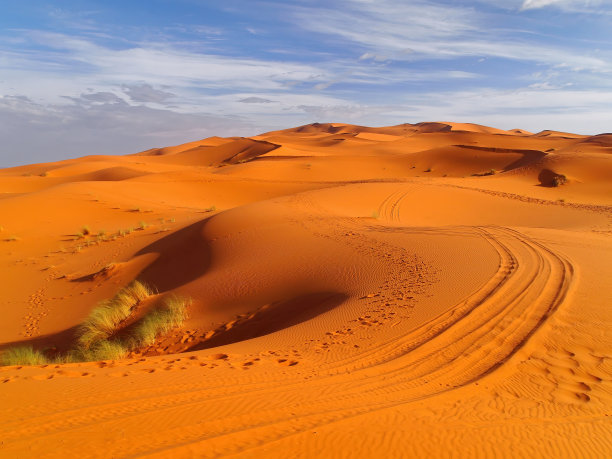 撒哈拉沙漠美丽的沙丘，背景是蓝色的天空，摩洛哥图片下载