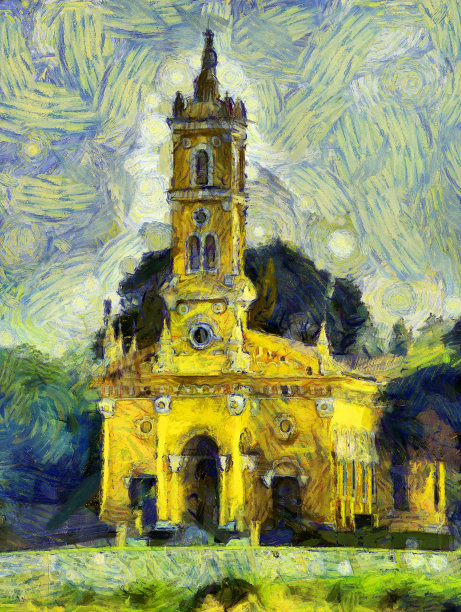 古黄色基督教堂哥特式建筑插画创造了印象派的绘画风格。图片下载