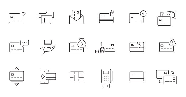 信用卡线图标设置。信用卡支付，转账，手机银行业务象形图。轮廓可编辑的笔画图标集图片下载