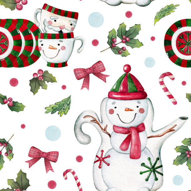 水彩无缝圣诞图案餐具，茶壶，杯子，冷杉枝，浆果，糖果和冬青图片下载