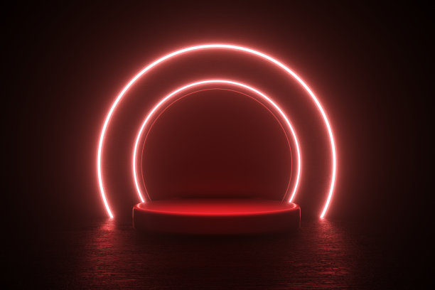 空的产品展台，讲台，平台在暗室与紫外线氖激光发光线库存照片图片下载