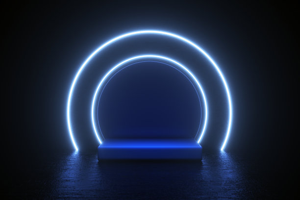 空的产品展台，讲台，平台在暗室与紫外线氖激光发光线库存照片图片下载