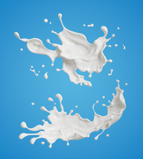 白色牛奶或酸奶飞溅隔离在蓝色背景。与裁剪路径3d插图。图片下载