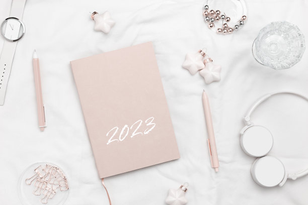 新年计划概念，女性作品，2023年的粉色日记，钢笔，圣诞玩具，耳机，白色床上纺织背景的手表。女人的生活方式工作地点，新的目标，新的开始图片下载